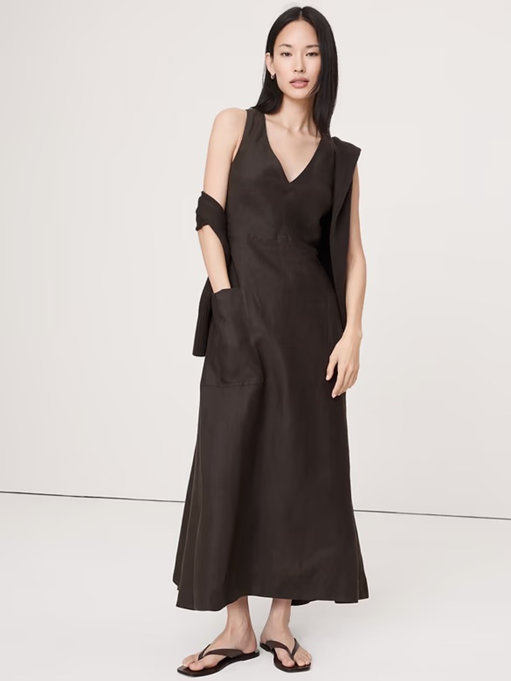 Banana Republic Linen Pocket Maxi Dress Vacation Espresso Lagenlook Old Money